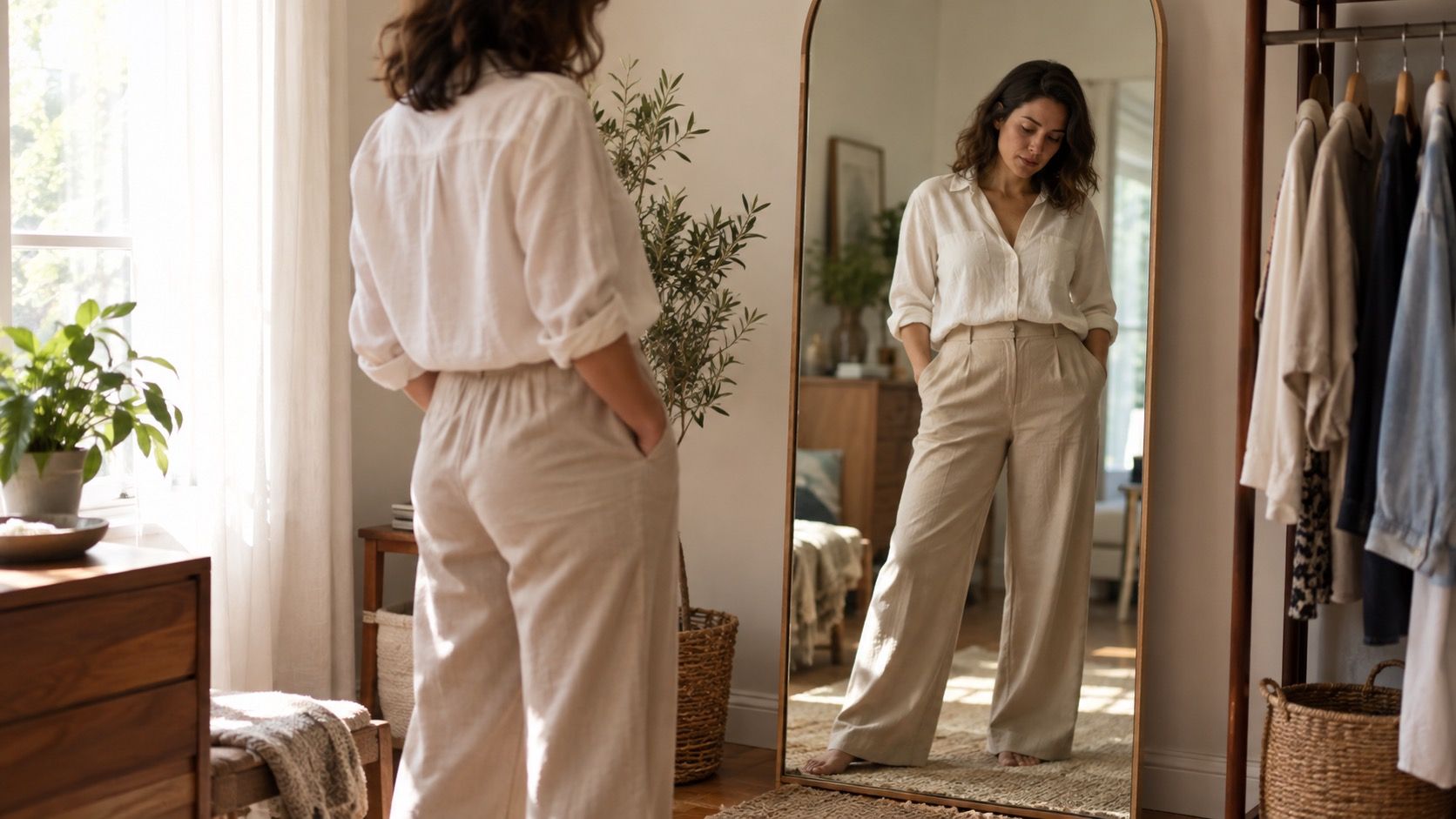 Person comparing body proportions in a mirror